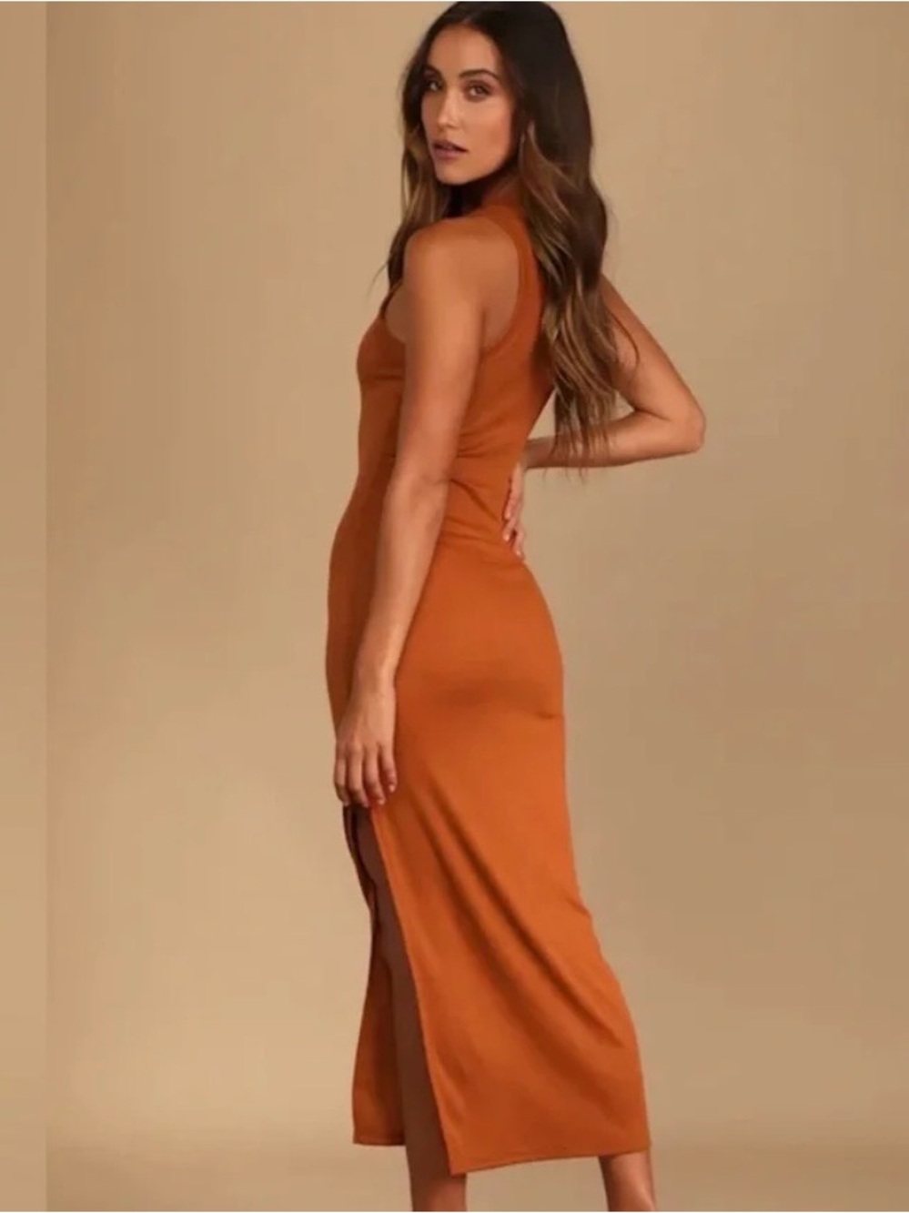 Lulu's Rust Ribbed Sleeveless Mock Neck Midi Dress
